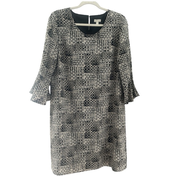 Garnet Hill Dresses & Skirts - Garnet‎ Hill 100% Silk Bell Flare Sleeve Shift Beige Black Midi Dress size 10